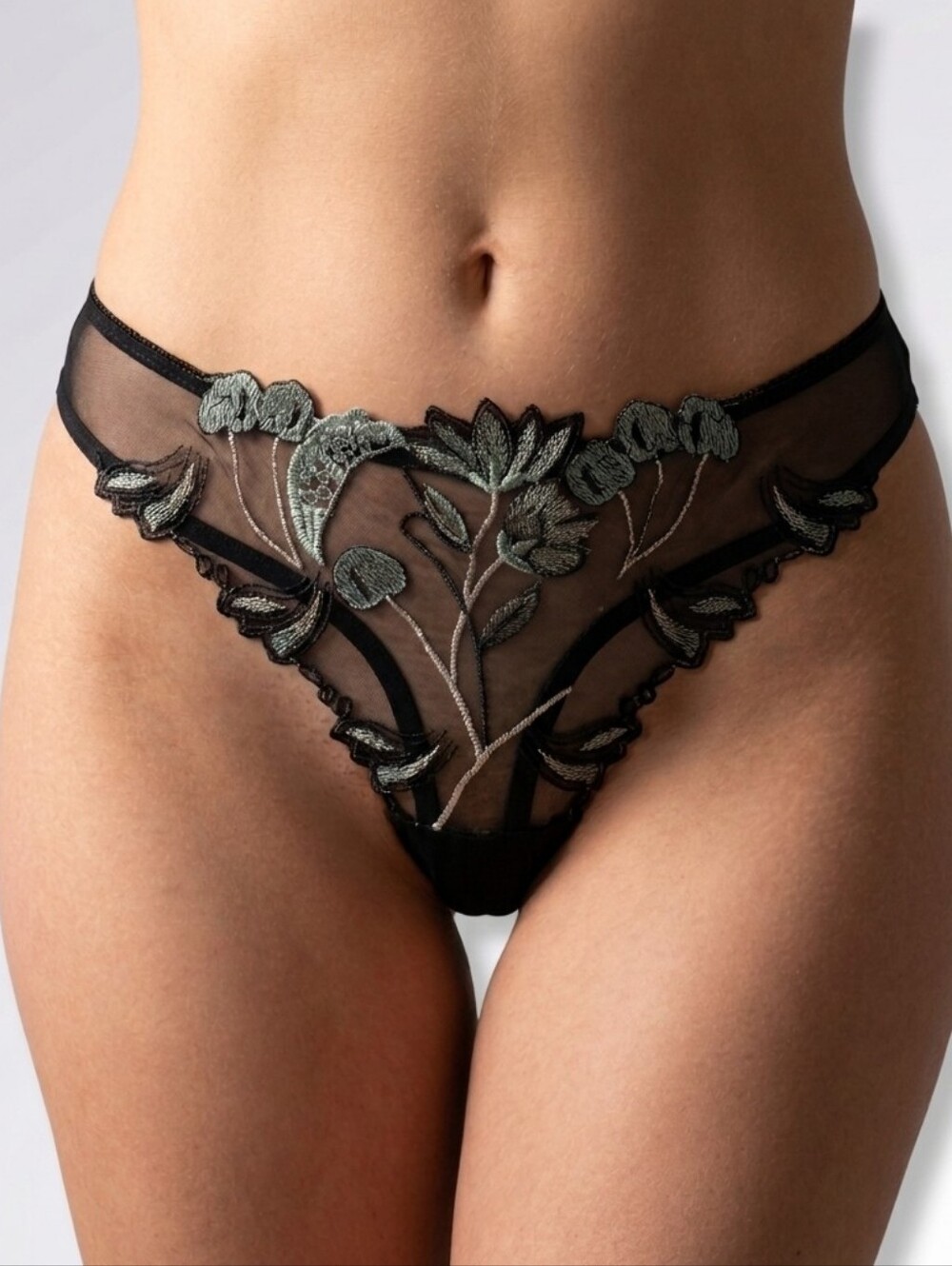 Sheer Black Floral Embroidered High-Cut Thong Panty